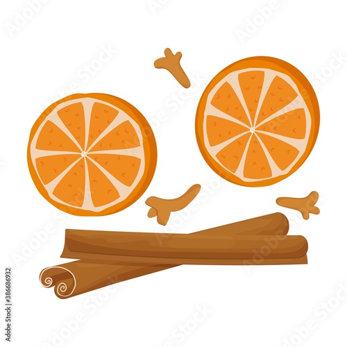 Set, decoration with cinnamon, carnation, round pieces of orange isolated on white background. Holiday, traditional spices, design element, group of objects.