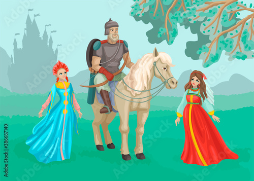 Warrior on a horse, beautiful princesses nearby. A man in armor, ammunition and a spear. Castle silhouette on the background. Vector illustration.