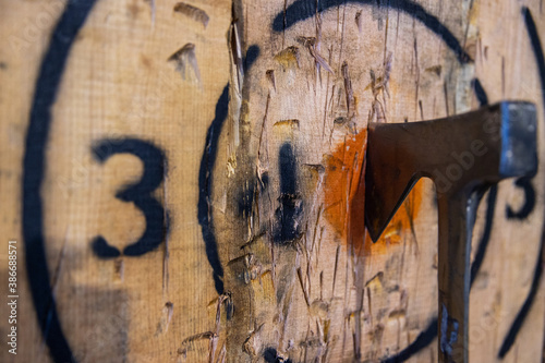 Axe throwing target with axe in center on bullseye photo