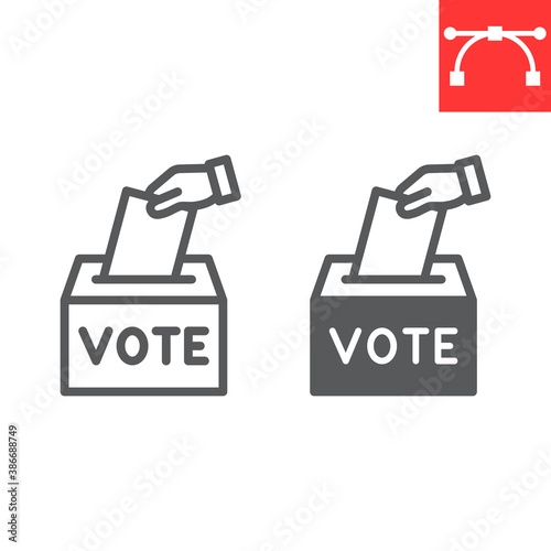 Hand voting ballot box line and glyph icon, election and vote, vote box sign vector graphics, editable stroke linear icon, eps 10.