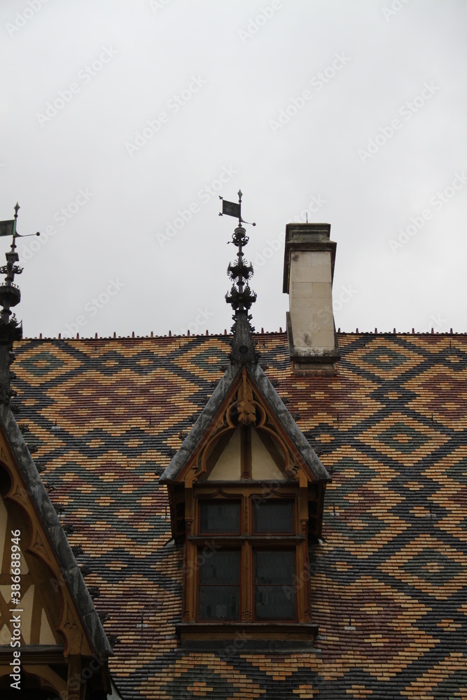 Colored flat tiles historic roof