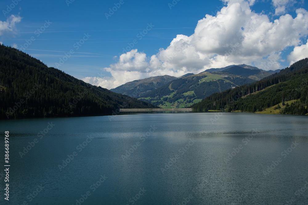 The Durlaßboden reservoir when the weather is nice in summer