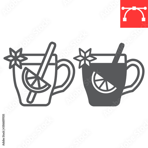 Mulled wine line and glyph icon, merry christmas and invitation, glass of mulled wine sign vector graphics, editable stroke linear icon, eps 10.