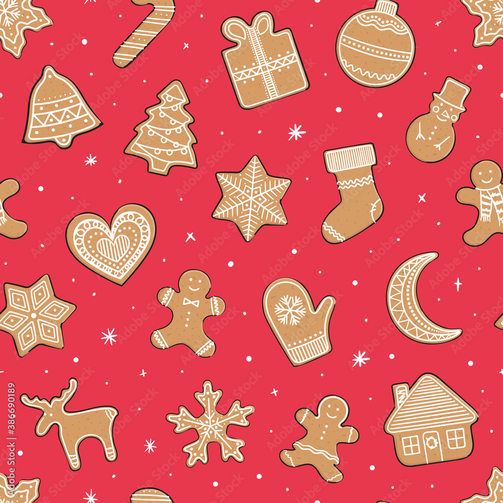 Seamless pattern with gingerbread cookies. Christmas ornament for winter holidays Seamless pattern with gingerbread cookies. Christmas ornament for winter holidays
