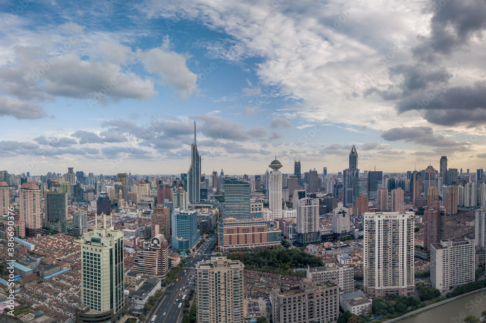 Aerial view of the skyscrapers in Shanghai, China, on a cloudy day.