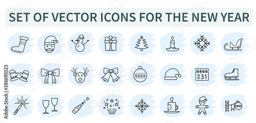 Set  group of blue vector icons for the New year. Christmas  2021  holiday  web. Santa Claus  Christmas tree. Santa Claus.