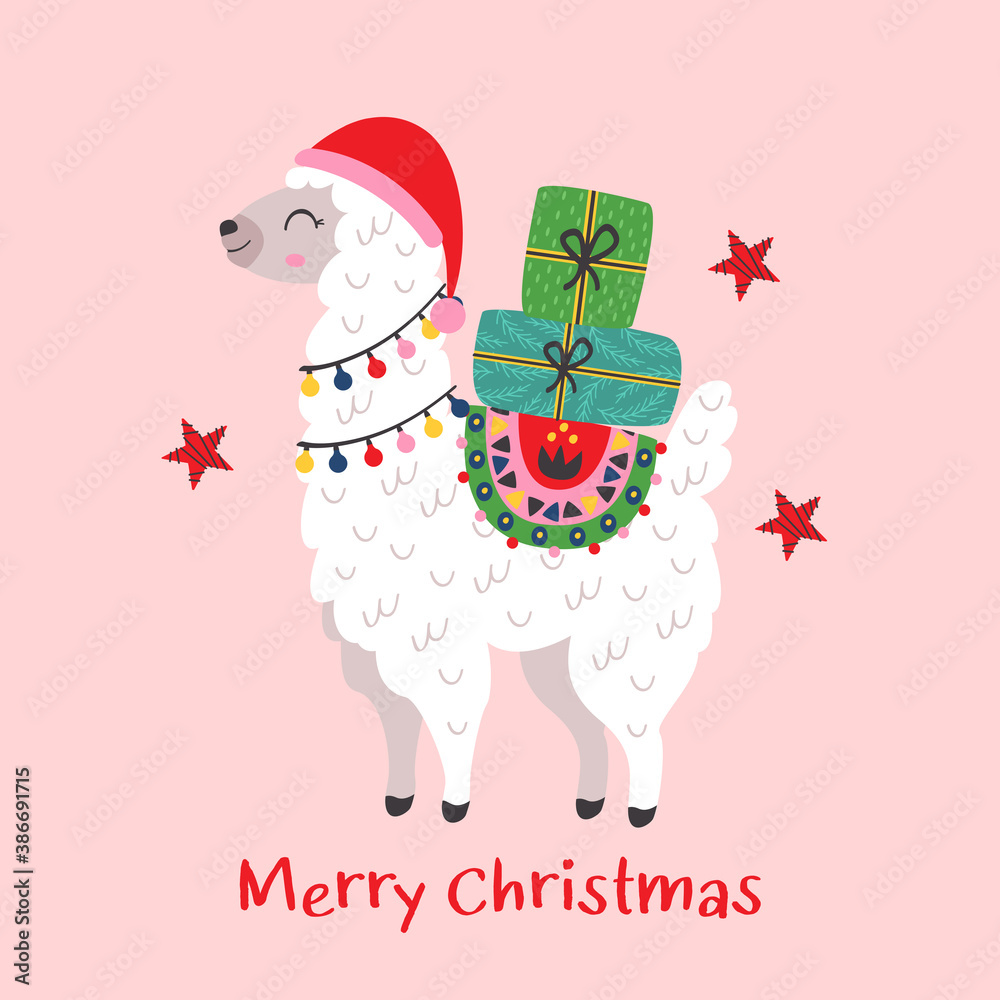 Fototapeta premium Christmas card with cute llama