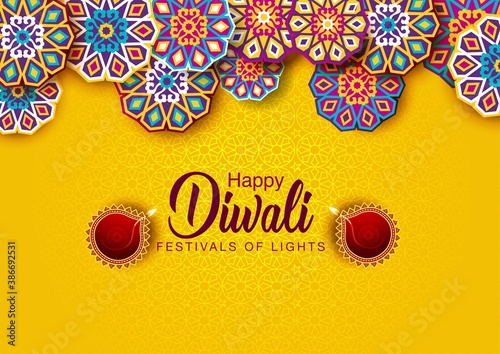  Happy Diwali celebration background. Top view of banner design decorated with illuminated oil lamps on patterned yellow background. vector illustration