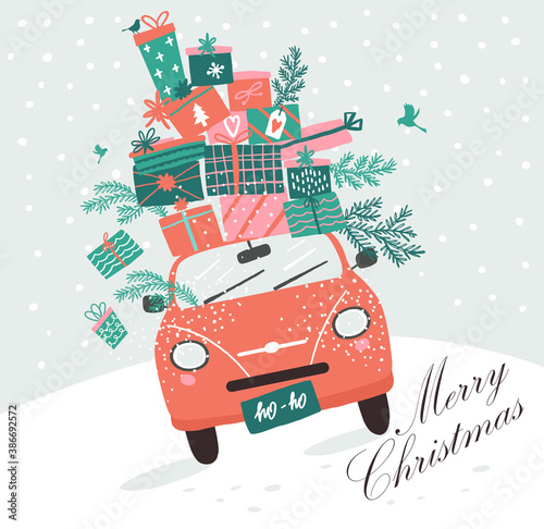 Vector picture with pink car and Christmas gifts. Christmas picture. Red pickup. New year illustration delivery service.