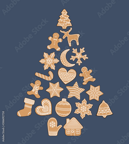 Composition of gingerbread cookies in a tree form. Christmas elements for winter holidays