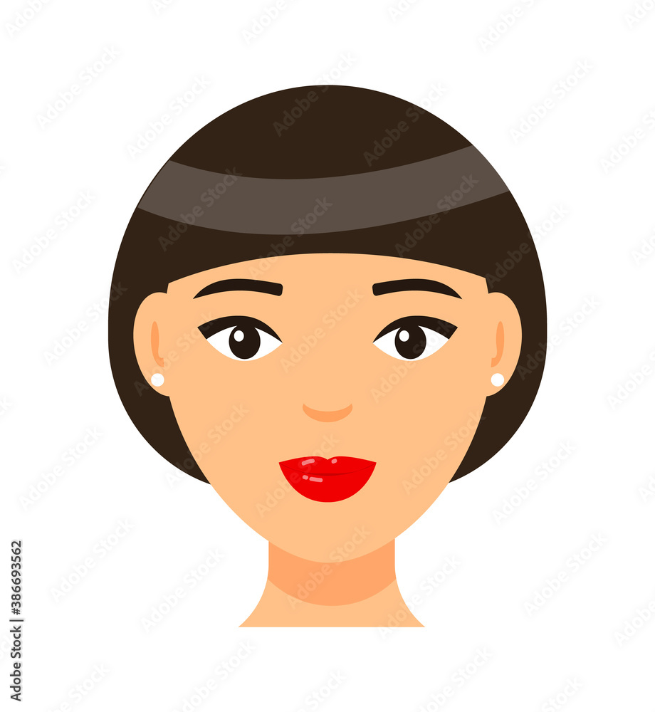 Vector cartoon character. Concept of avatar of young brown-haired woman with red lips and light makeup, earrings. Isolated portrait of pretty girl with elegance bob haircut. Attractive lady icon Vector cartoon character. Concept of avatar of young brown-haired woman with red lips and light makeup, earrings. Isolated portrait of pretty girl with elegance bob haircut. Attractive lady icon