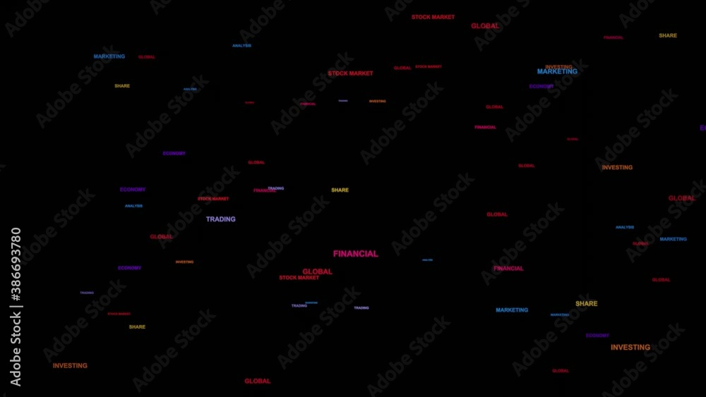 Financial stock market related words flying. Isolated marketing and business text for use of overlay or background. 3d rendering motion background animation.