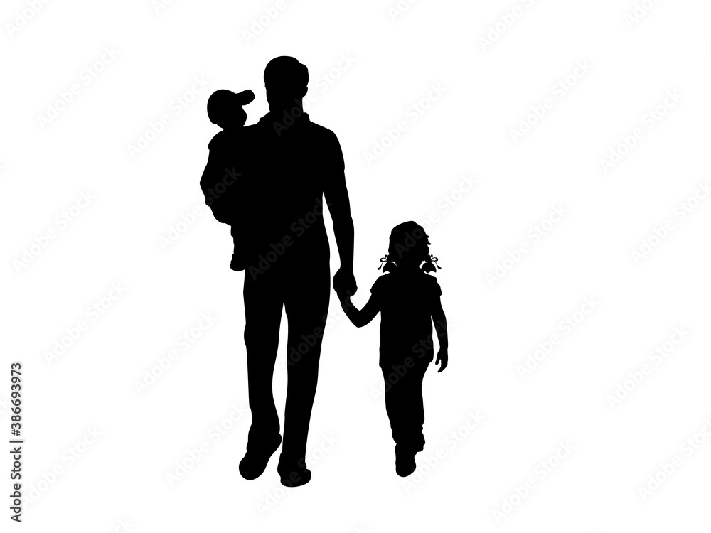 Silhouette of walking father with two children from back Silhouette of walking father with two children from back