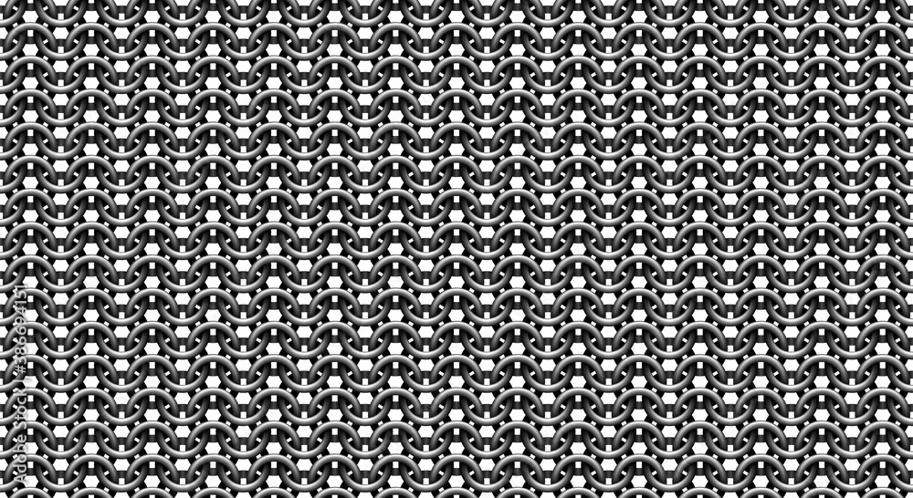 Chain mail medieval seamless pattern on white background. Metal chain armor texture. Steel rings, silver chainmail vector repetitive illustration