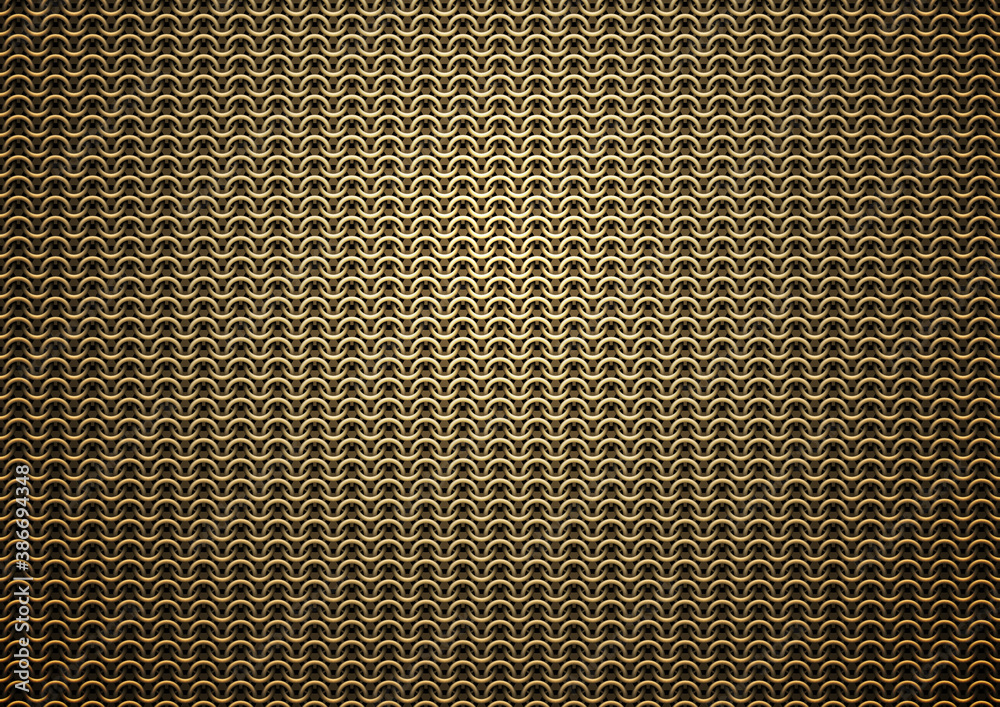 Chain mail medieval bronze background. Golden metal chain armor texture. Brass rings, gold chainmail vector pattern