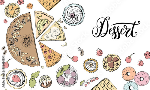 Vector design of dessert menu with hand-drawn pie, cake pieces, cupcakes, donuts, almond cakes, waffles, in sketch style. Trendy cafe design