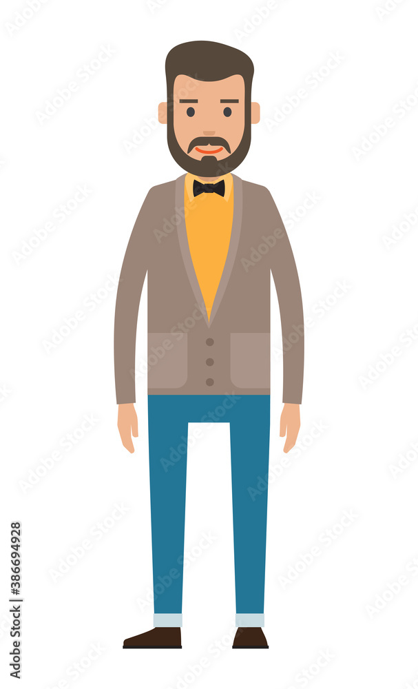Isolated cartoon character businessman wearing stylish jacket, bow tie, blue trousers. Bearded guy in yellow shirt. Business person style. Dresscode of office worker. Brown-haired guy, cloth element
