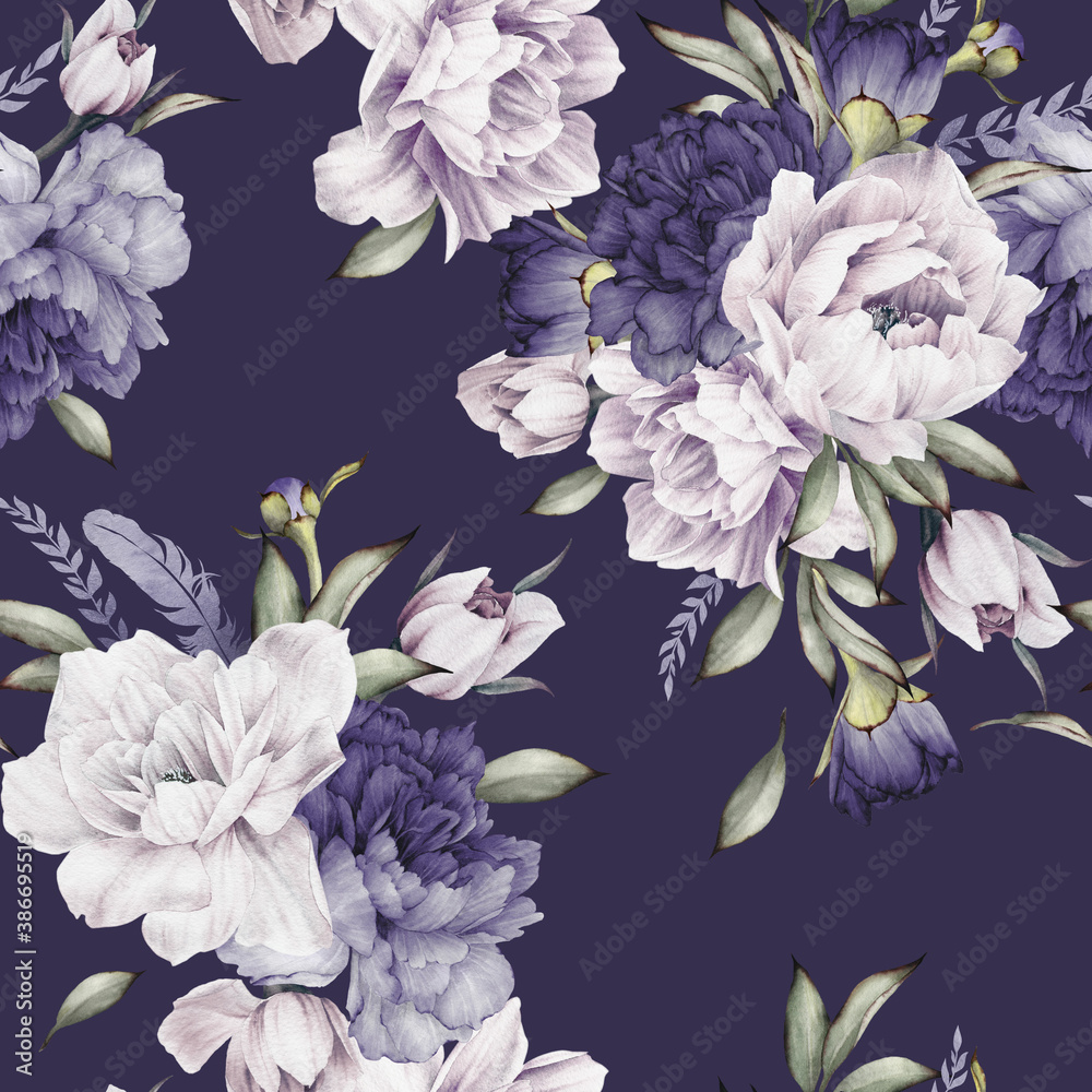 Seamless floral pattern with flowers on summer background, watercolor illustration. Template design for textiles, interior, clothes, wallpaper - obrazy, fototapety, plakaty 