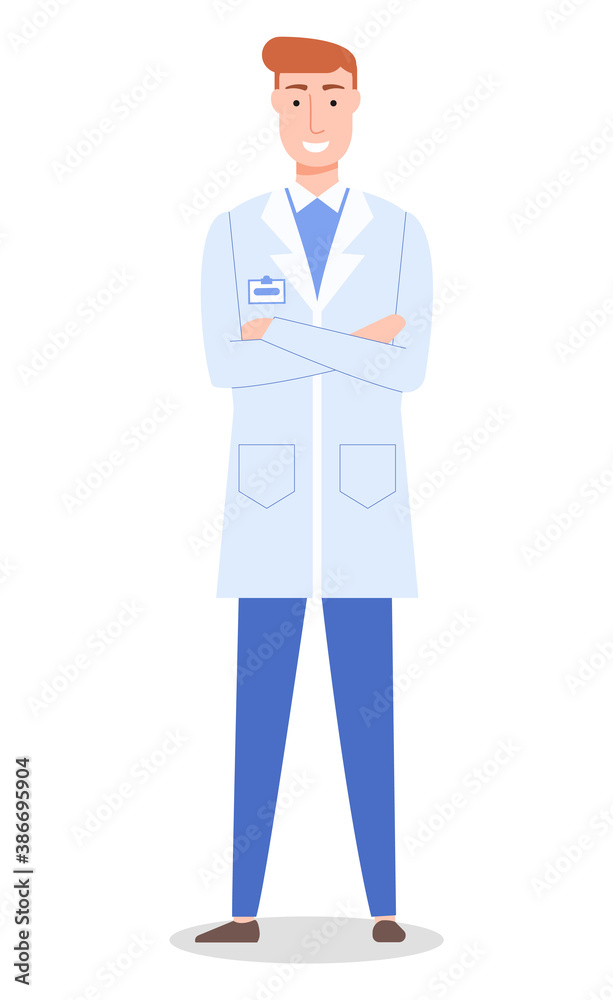 Doctor man or surgeon wearing medical gown, handsome therapist with badge, healthcare and medical concept, physician or medical specialist in flat style, medical staff, worker smiling, isolated Doctor man or surgeon wearing medical gown, handsome therapist with badge, healthcare and medical concept, physician or medical specialist in flat style, medical staff, worker smiling, isolated