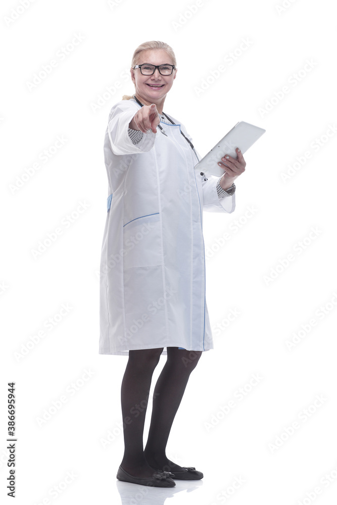 side view. serious doctor reading notes in the clipboard side view. serious doctor reading notes in the clipboard