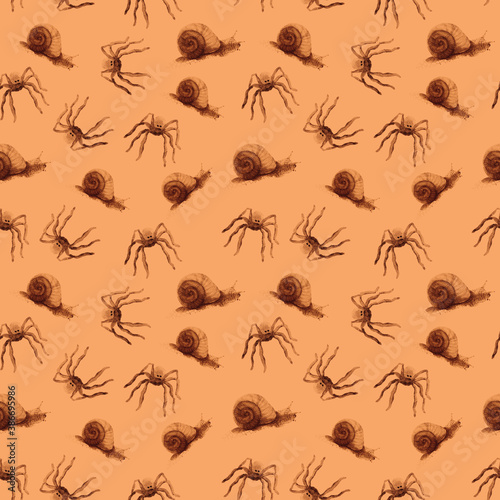 Seamless pattern with brown spiders and snails on beige background, print for Halloween