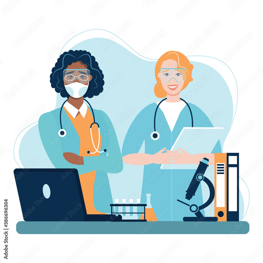 International Day of Women and Girls in Science February 11 vector illustration. Four female scientists of different nationalities conducting research.Flat design for social media, poster, banner. 