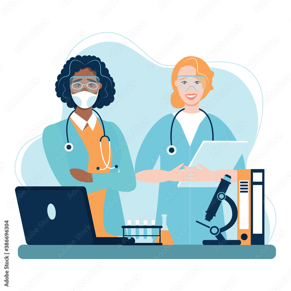 International Day of Women and Girls in Science February 11 vector illustration. Four female scientists of different nationalities conducting research.Flat design for social media, poster, banner. International Day of Women and Girls in Science February 11 vector illustration. Four female scientists of different nationalities conducting research.Flat design for social media, poster, banner.