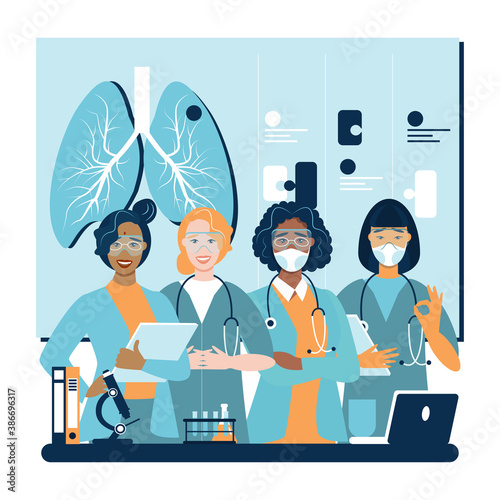International Day of Women and Girls in Science February 11 vector illustration. Four female scientists of different nationalities conducting research.Flat design for social media, poster, banner. 
