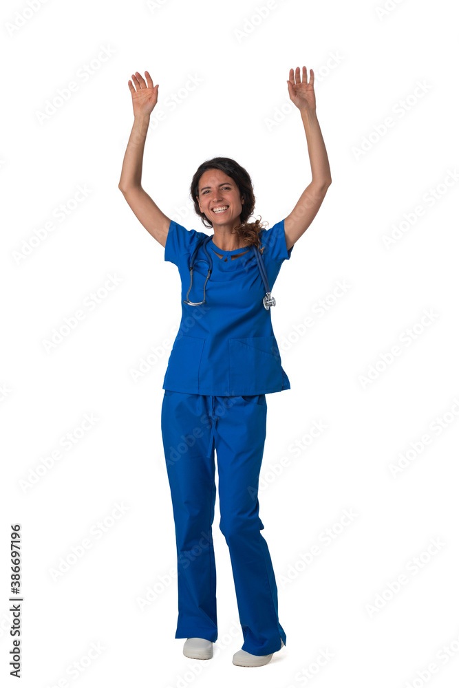 Nurse in uniform with arms raised