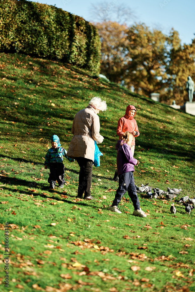 A grandmother and her grandchildren feeds the birds in a public park in the autumn. A grandmother and her grandchildren feeds the birds in a public park in the autumn.