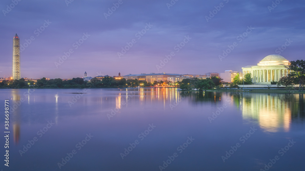 Amazing view of Washington DC at night, with Washington Monument, Capitol Building, and The Jefferson Memorial.