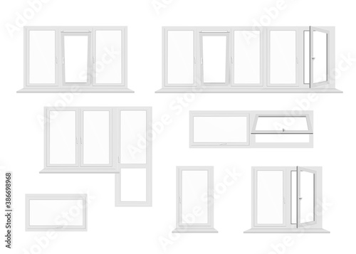 House windows and balcony frames set of realistic vector illustration isolated.