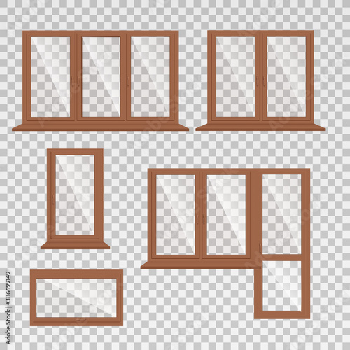 Vector set of realistic glass transparent plastic or wooden windows