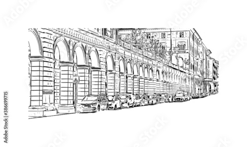 Building view with landmark of Bologna is the capital and largest city of  Northern Italy. Hand drawn sketch illustration in vector.