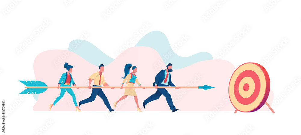 Business team carries huge arrow to goal. Leader leads team towards common goal concept. Metaphor for common cause. Flat vector illustration - obrazy, fototapety, plakaty 