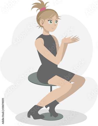 Young beautiful model sitting on a stool. She has a messy ponytail, fuchsia pink hairband and shiny earrings. She's posing to a photo, clapping her hands. She could be a celebrity.