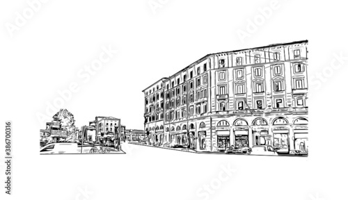 Building view with landmark of Bologna is the capital and largest city of  Northern Italy. Hand drawn sketch illustration in vector.