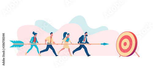 Business team carries huge arrow to goal. Leader leads team towards common goal concept. Metaphor for common cause. Flat vector illustration