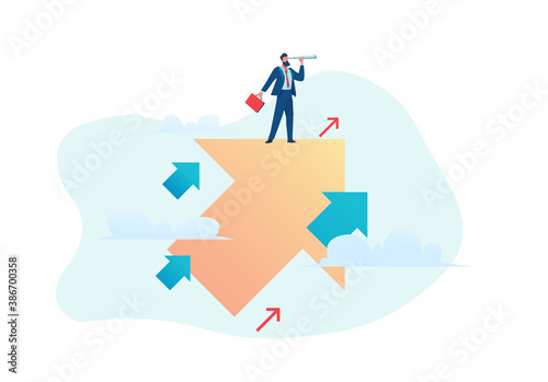 Business opportunity concept. Businessman flies up over growing chart. Flat vector illustration
