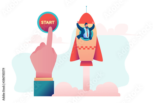 Big hand launches rocket. Startup business investment concept. Startup metaphor. Vector flat illustration