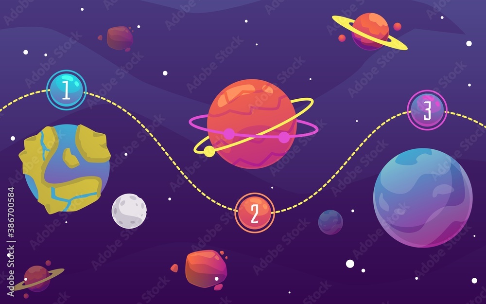 Space background with planets of solar galaxy, flat vector illustration on sky. Space background with planets of solar galaxy, flat vector illustration on sky.