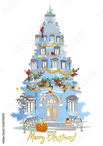 Abstract Christmas tree in the form of a house with windows and an entrance with decorations from red ribbons, golden beads and birds. Christmas decoration card. 