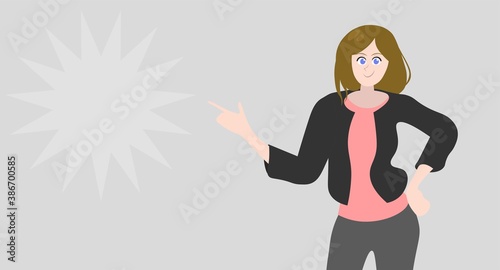 Smiling woman wearing casual clothes is pointing finger at copy space. Young woman showing way with finger.
