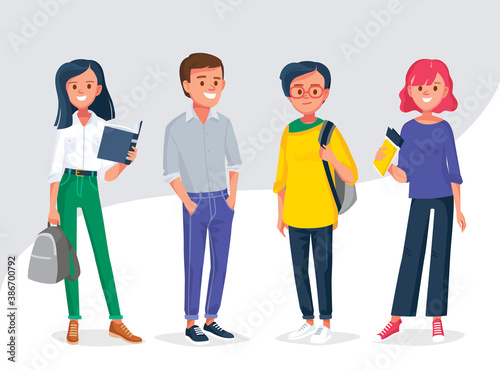 Set of college or university students, people in casual wearing, standing in line in different poses. Group of young people. Vector illustration. Flat design.