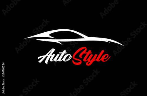 Automotive style car logo design with concept sports vehicle icon silhouette isolated on black background. Vector illustration.