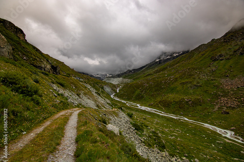 Aerial view of mountainscape below Lac de Moiry in the Swiss Alps. CH Switzerland. photo