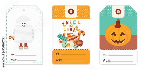 Halloween Gift Tags Set with Halloween Characters and Symbols – Mummy, Sweets, Pumpkin. Vector Illustration.