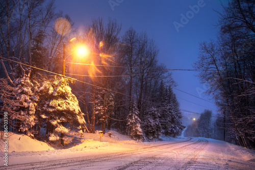 Snowy road at twilight
