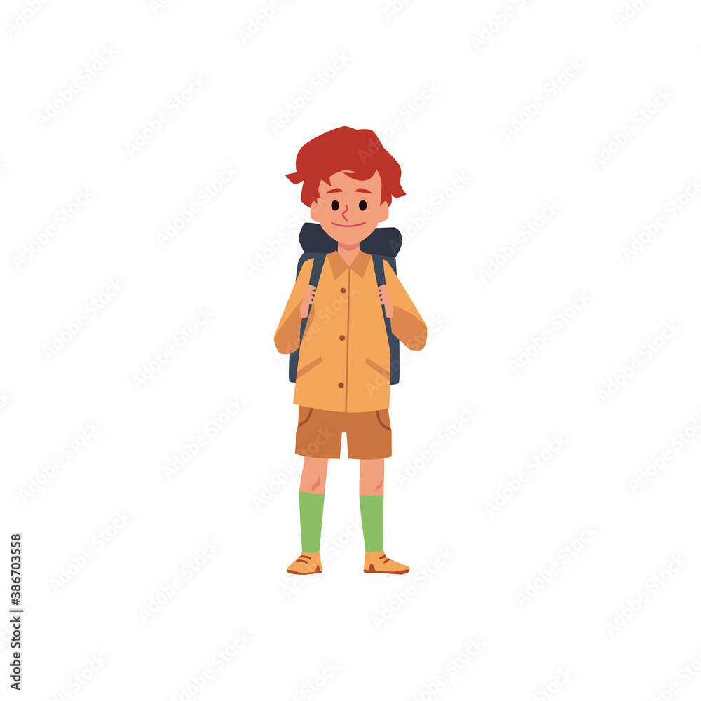 Child boy tourist or camper with backpack flat vector illustration isolated.