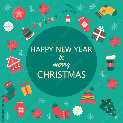 Christmas set, cute seasonal elements, vector illustration in flat style